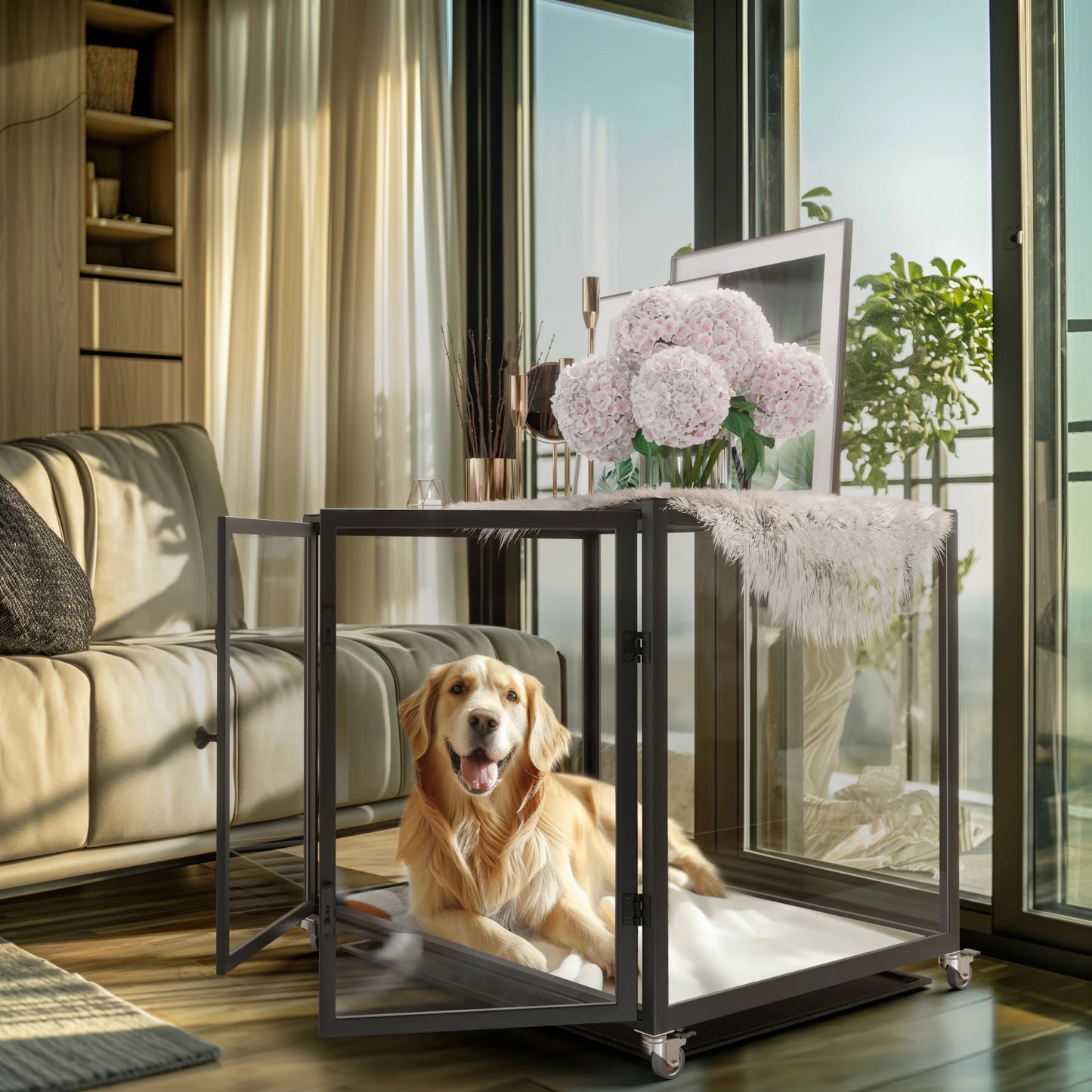 Tempered Glass Dog Crate with Aluminum Frame, Rolling Pet Cage, Kennels with 2 Doors and Removable Tray