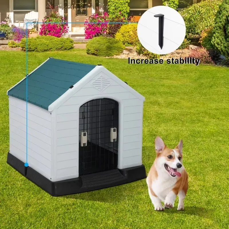 Plastic Dog House, Pet Dog Kennel Water Resistant for Small Medium Sized Dogs with Door, Indoor & Outdoor Use (32.7" H)