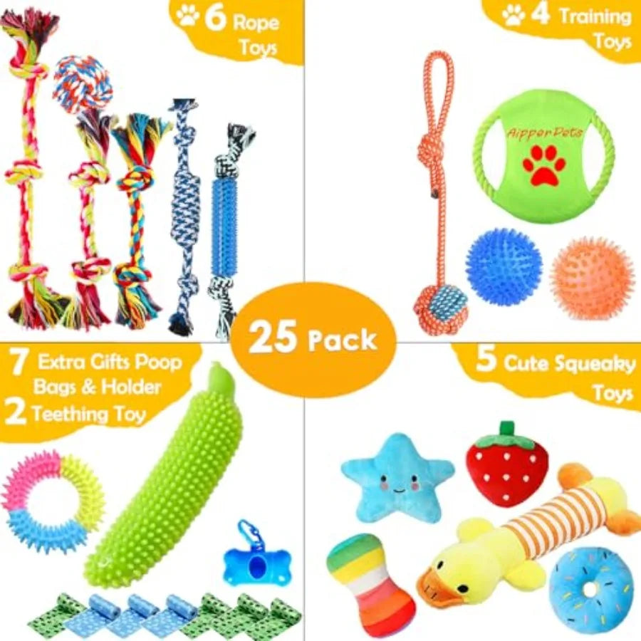 Dog Toys 25 Pack for Fun and Teeth Cleaning Puppy Chew Toys Pack with Squeak Plush Toy Squeaky Toy Balls Tug of War and Rope To