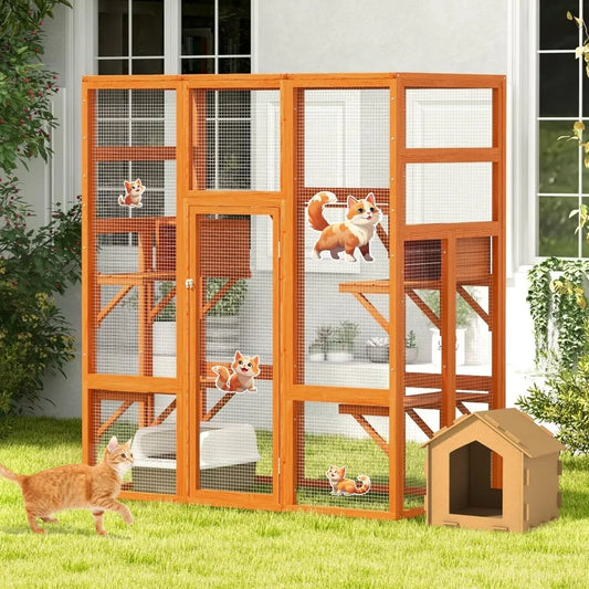 70Inches Large Spacious Wooden Outdoor Catio with Perches and Condos, Cat Catio Enclosures Indoor Kitty Window Kennel
