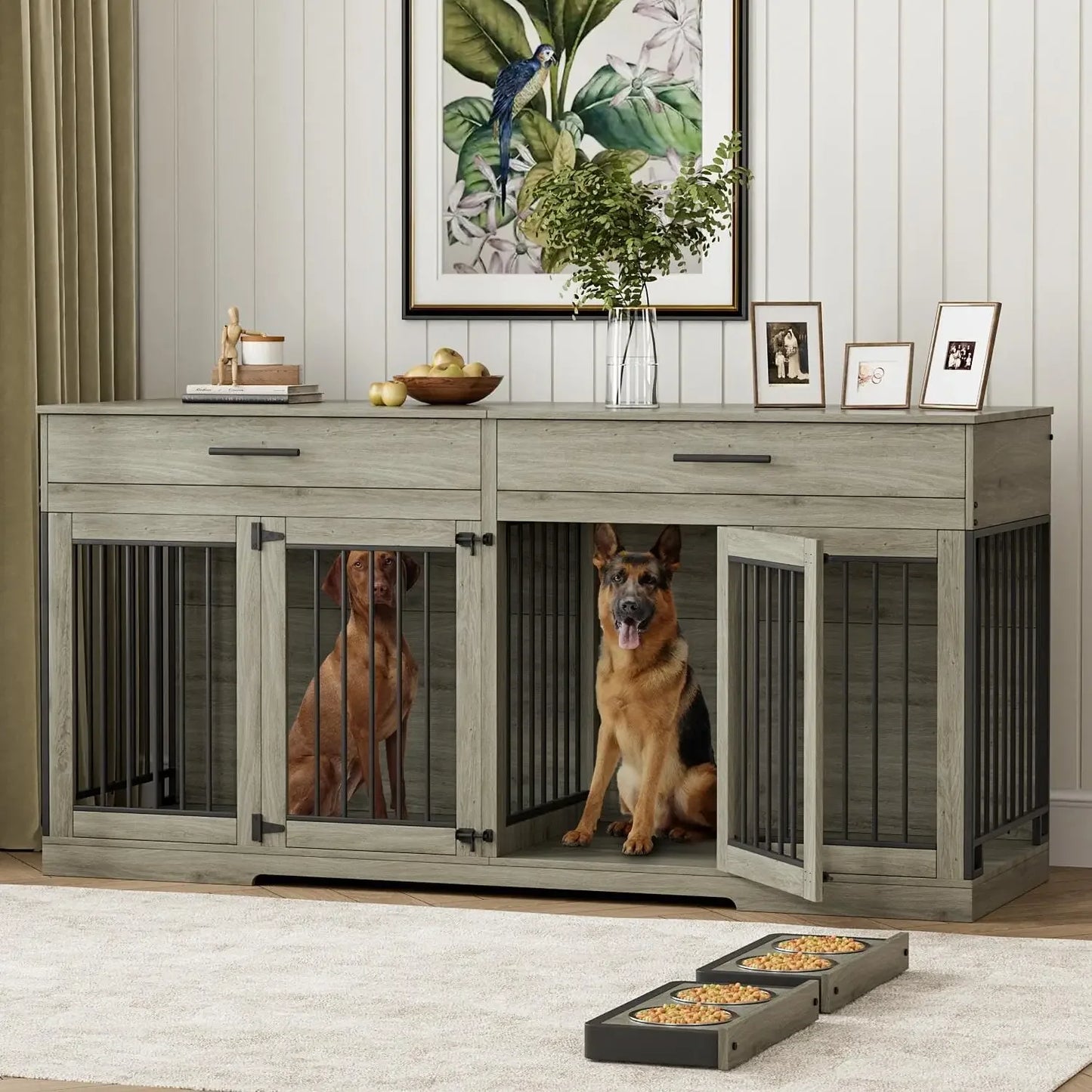 72" Dog Crate Furniture for 2 Dogs, Large Kennel with 2 Storage Drawers & Removable Divider