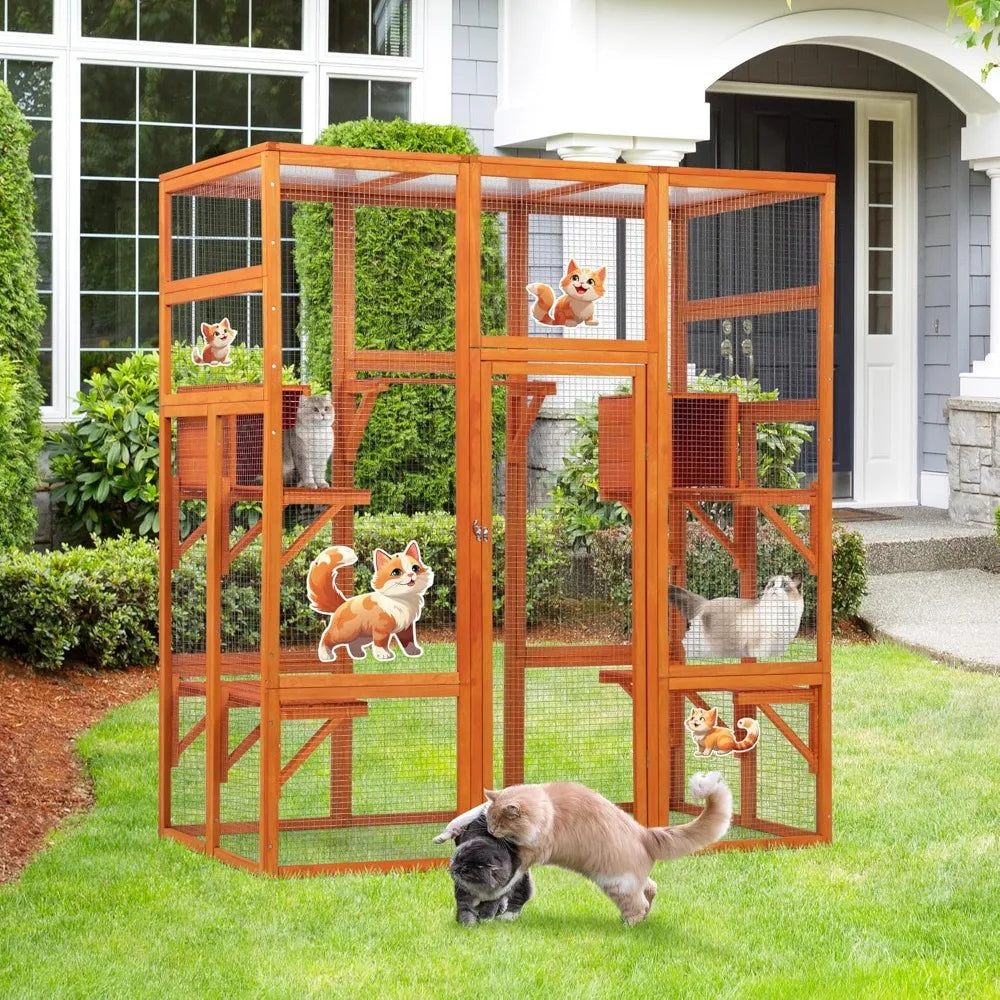 70Inches Large Spacious Wooden Outdoor Catio with Perches and Condos, Cat Catio Enclosures Indoor Kitty Window Kennel