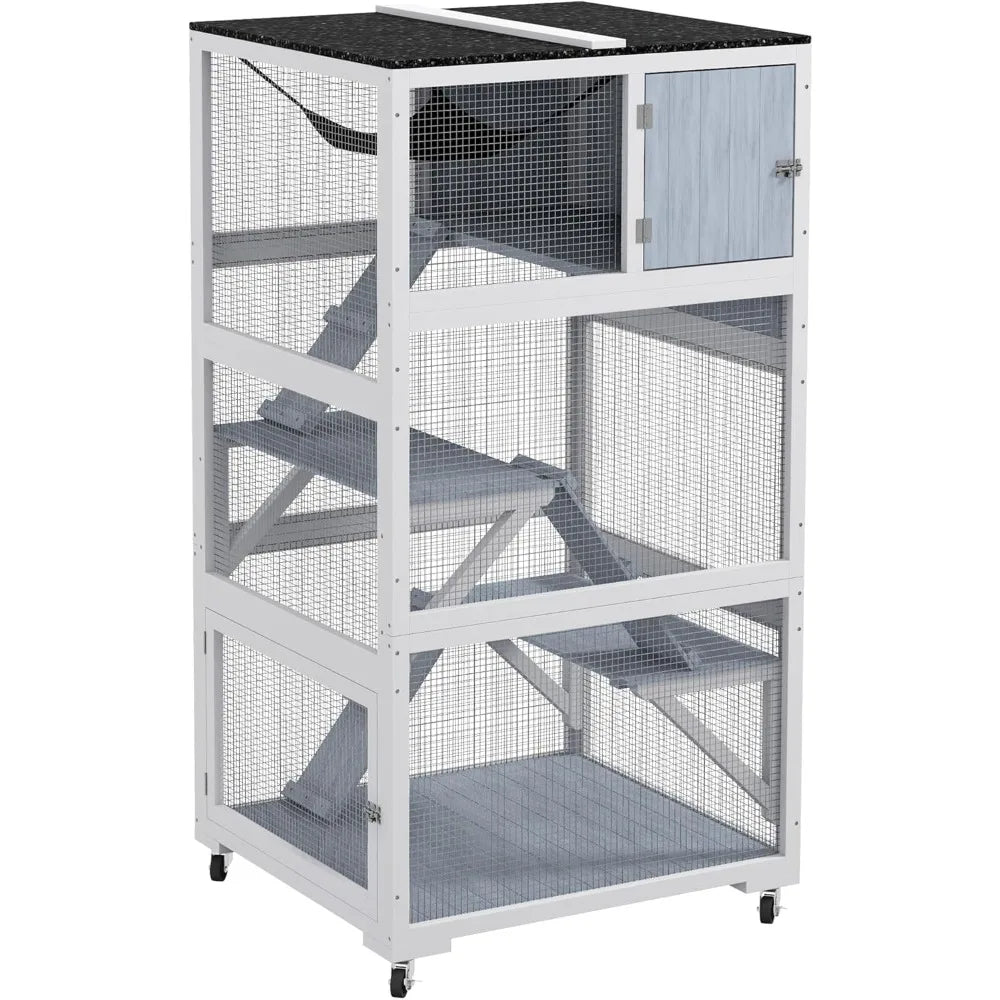 Outdoor Cat Enclosure House, Wooden Feral Cat Shelter on Wheels, Cats Cage with Hammock, Platforms Ramps, Cat House