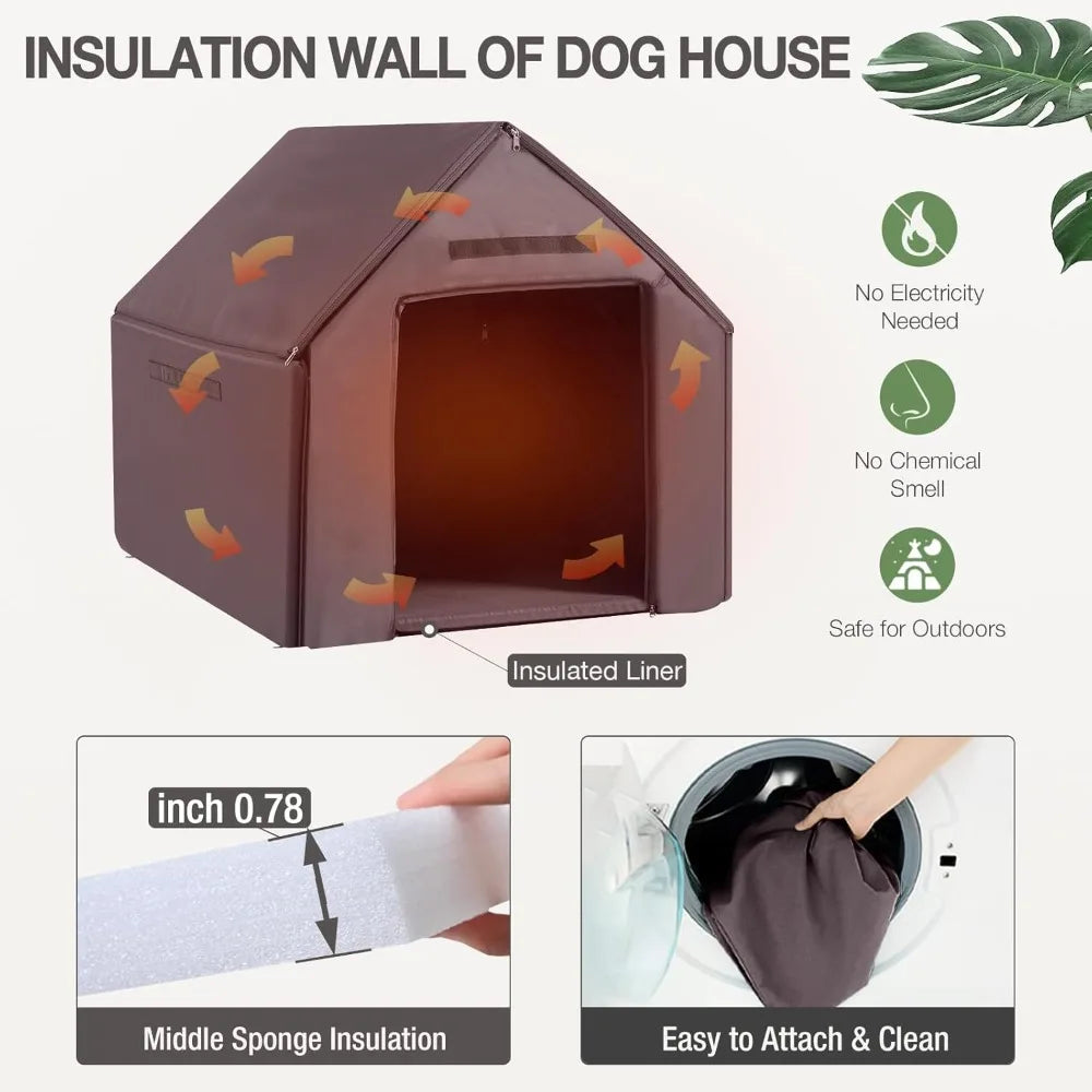 Dog House with Insulated Liner Outdoor Indoor All-Around Iron Frame Design Dog House with Porch＆Raised Feet for Small Medium Lar