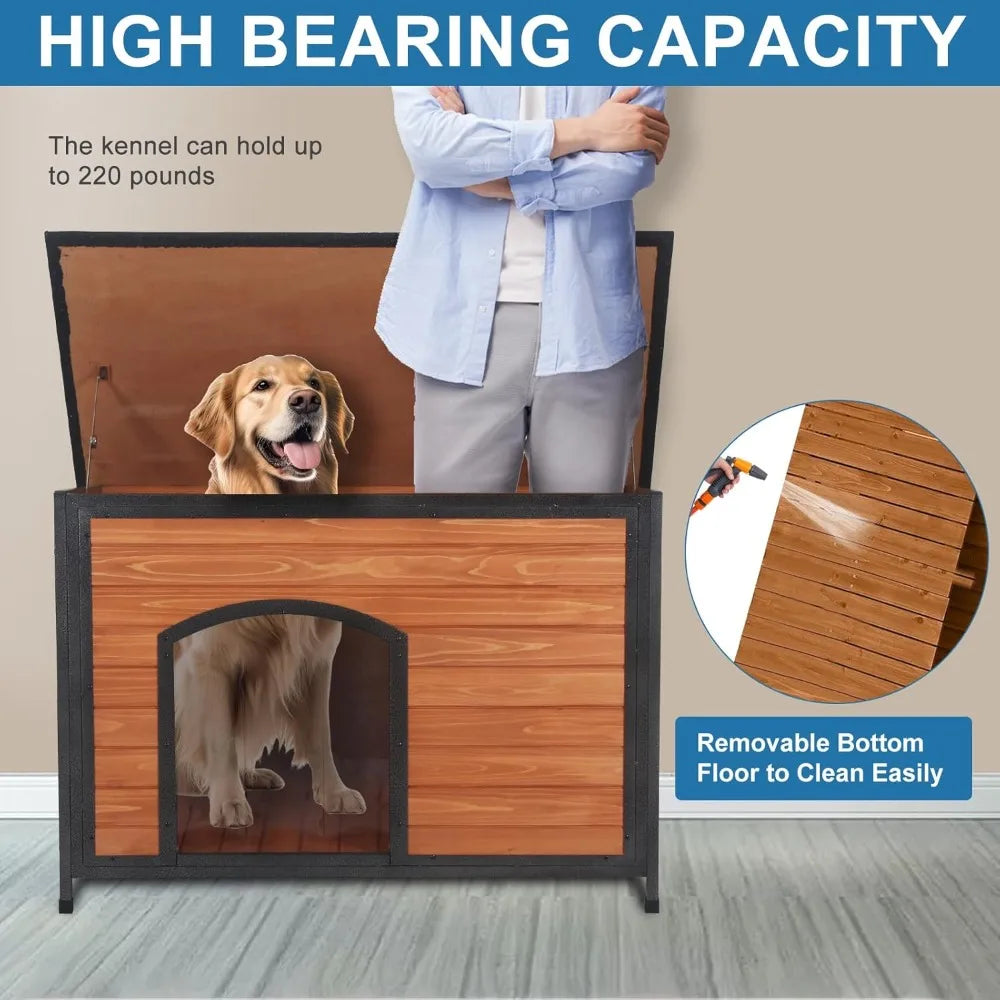 Dog House Outdoor Weatherproof 43.3" L Chew Proof Dog Kennel for Small Medium Large Dogs with Strong Metal Chew Proof Frame