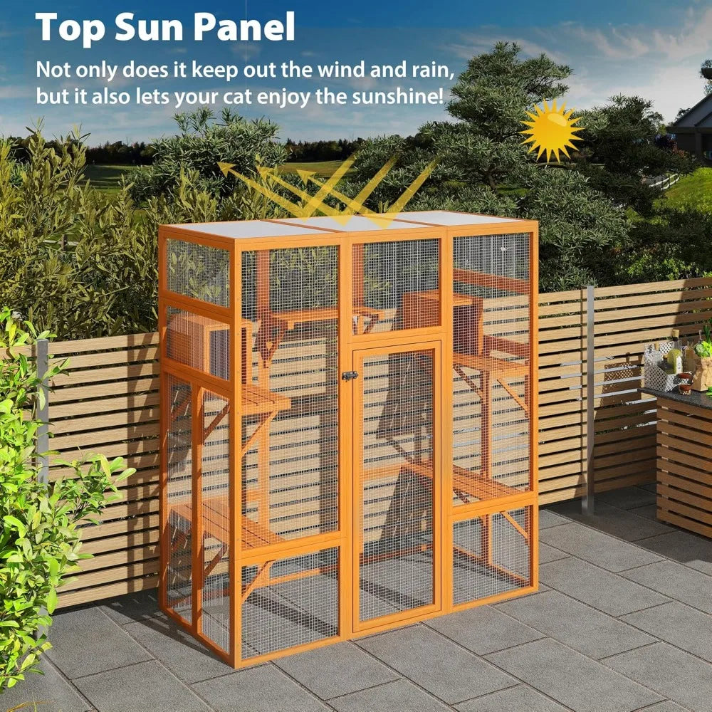 70Inches Large Spacious Wooden Outdoor Catio with Perches and Condos, Cat Catio Enclosures Indoor Kitty Window Kennel