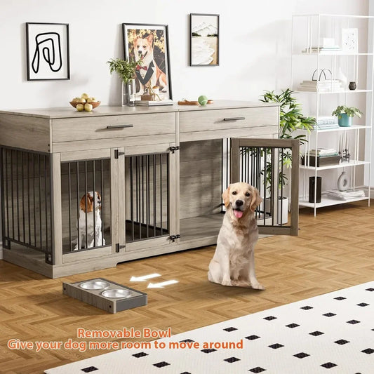 72" Dog Crate Furniture for 2 Dogs, Large Kennel with 2 Storage Drawers & Removable Divider