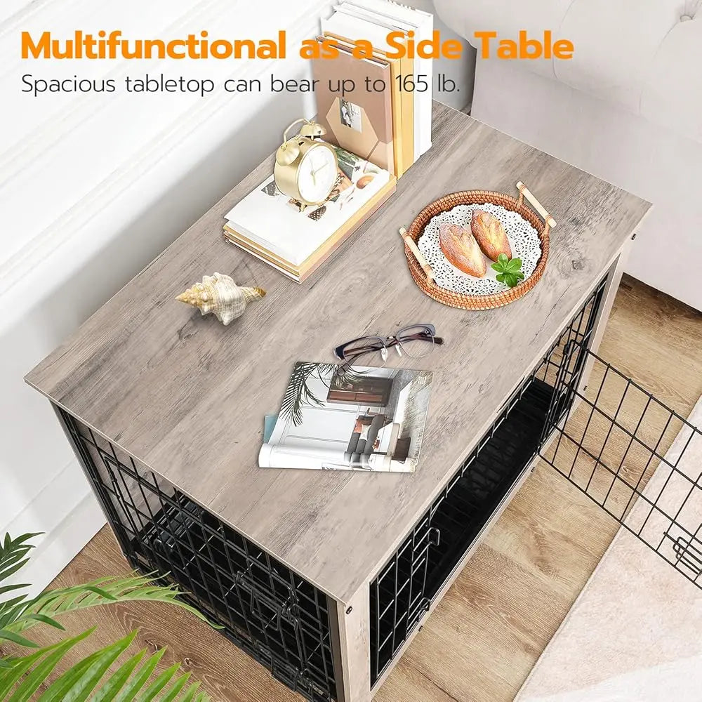 Dog Crate Furniture, 32.5"" Medium Dog Kennel Indoor, Wooden Cage With Pull-Out Tray, Double Doors Pet House Side End Table For