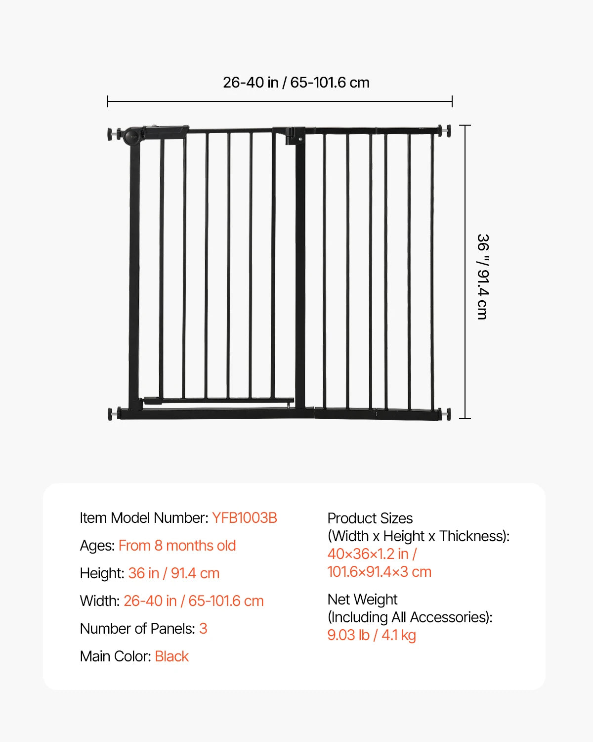 VEVOR Baby Gate 28/30/36 Inches High Dog Gate Easy Step Walk Thru Child Pet Security Pressure Mount Kit Wall Cups Doorways