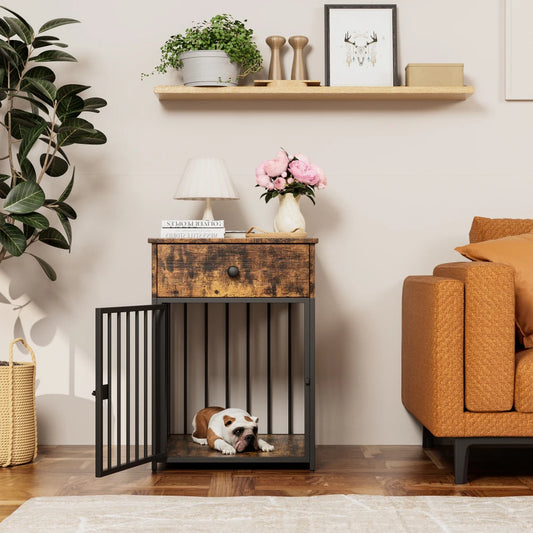 Dog Crate Furniture, Dog House, Decorative Dog Kennel with Drawer, Indoor Pet Crate End Table for Small Dog, Iron-Tube Dog Cage