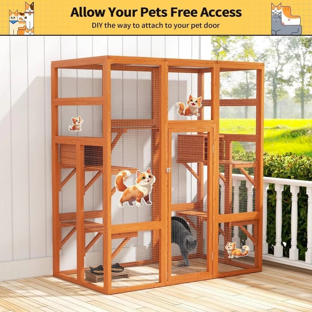 70Inches Large Spacious Wooden Outdoor Catio with Perches and Condos, Cat Catio Enclosures Indoor Kitty Window Kennel