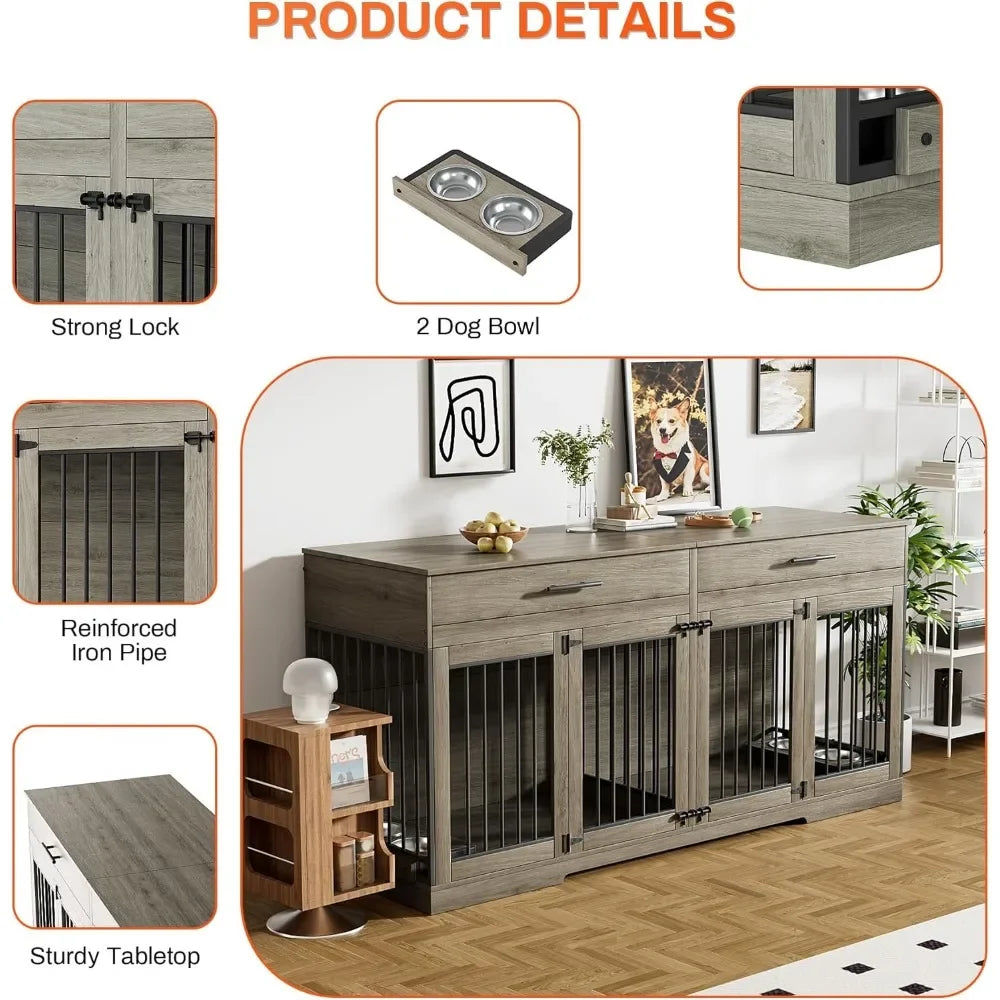 72" Dog Crate Furniture for 2 Dogs, Large Kennel with 2 Storage Drawers & Removable Divider