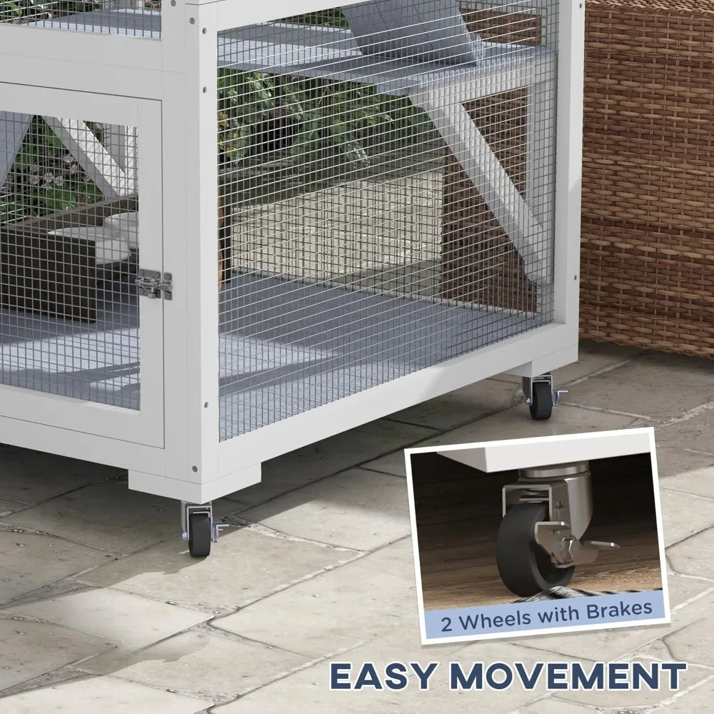 Outdoor Cat Enclosure House, Wooden Feral Cat Shelter on Wheels, Cats Cage with Hammock, Platforms Ramps, Cat House