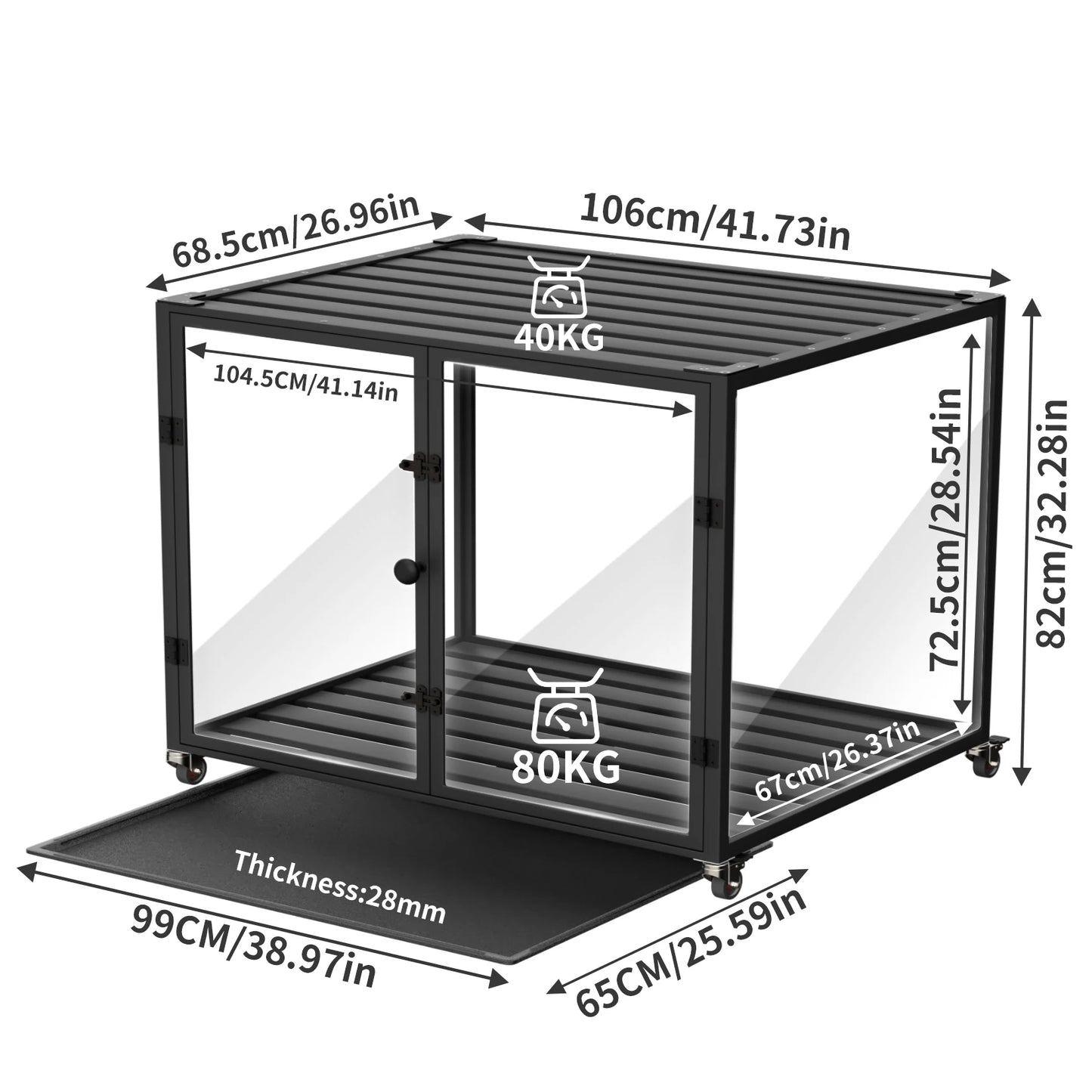 Tempered Glass Dog Crate with Aluminum Frame, Rolling Pet Cage, Kennels with 2 Doors and Removable Tray
