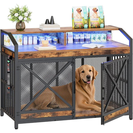 Very / 43.3" Large Dog Crate Furniture, Heavy Duty Dog Kennel Indoor With LED Light, Wooden Decorative Pet House End Table