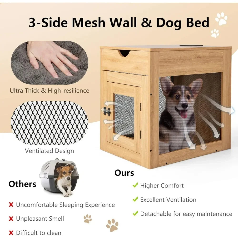 Dogs Crate Furniture with Wireless Charging Function&USB Ports,Furniture Style Small Dog Crate End Table with Drawer & Removable