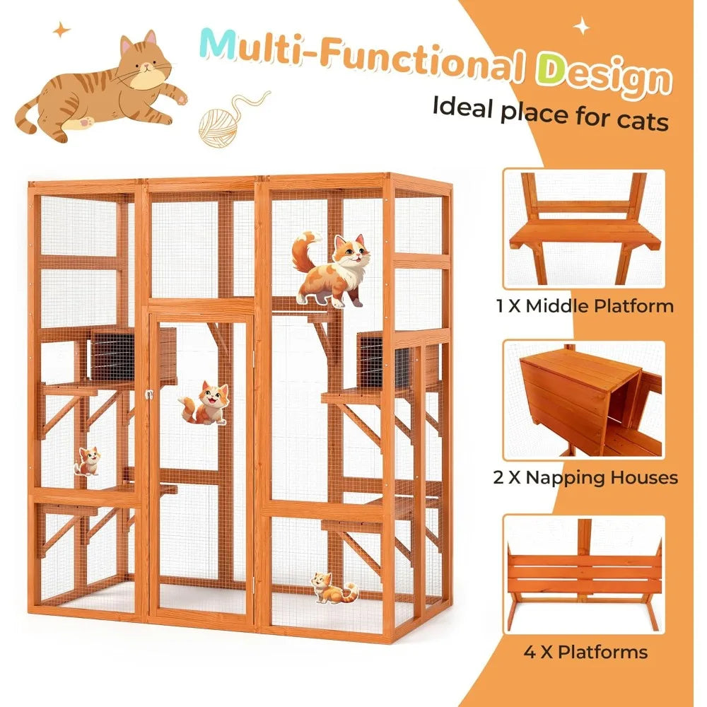 70Inches Large Spacious Wooden Outdoor Catio with Perches and Condos, Cat Catio Enclosures Indoor Kitty Window Kennel