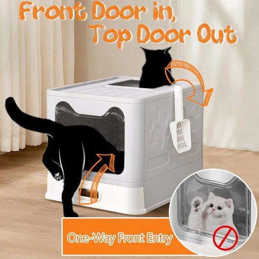 Stainless Steel Enclosed Cat Litter Box with Lid Leak Proof Odorless Top Exit Easy Clean Litter Box for Cats Includes Scoop Mat