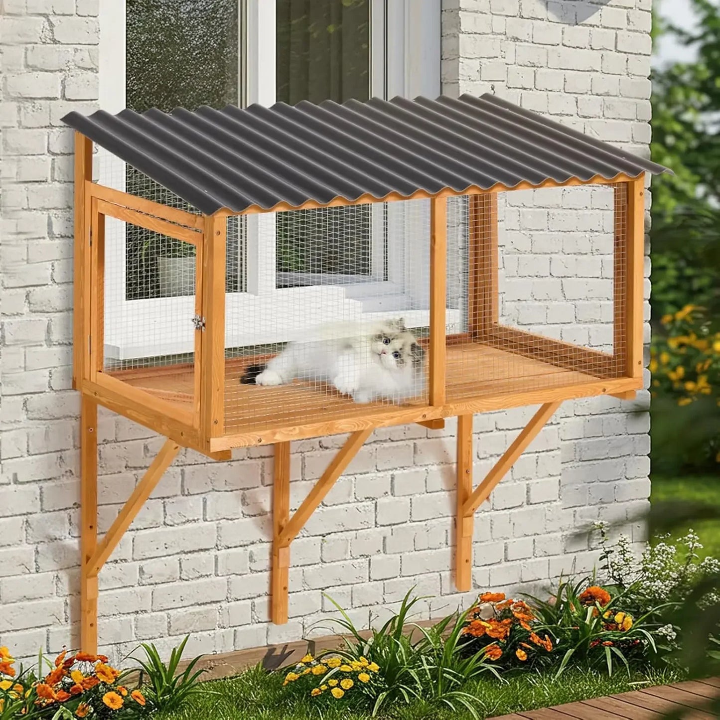 Cat Catio, Wall-Mounted Window Enclosure for Indoor Cats, Expandable Wooden Small Pet Perch House, Secure and Cozy Outdoor