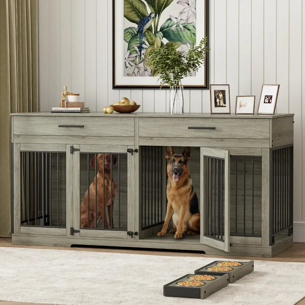 72" Dog Crate Furniture for 2 Dogs, Large Kennel with 2 Storage Drawers & Removable Divider