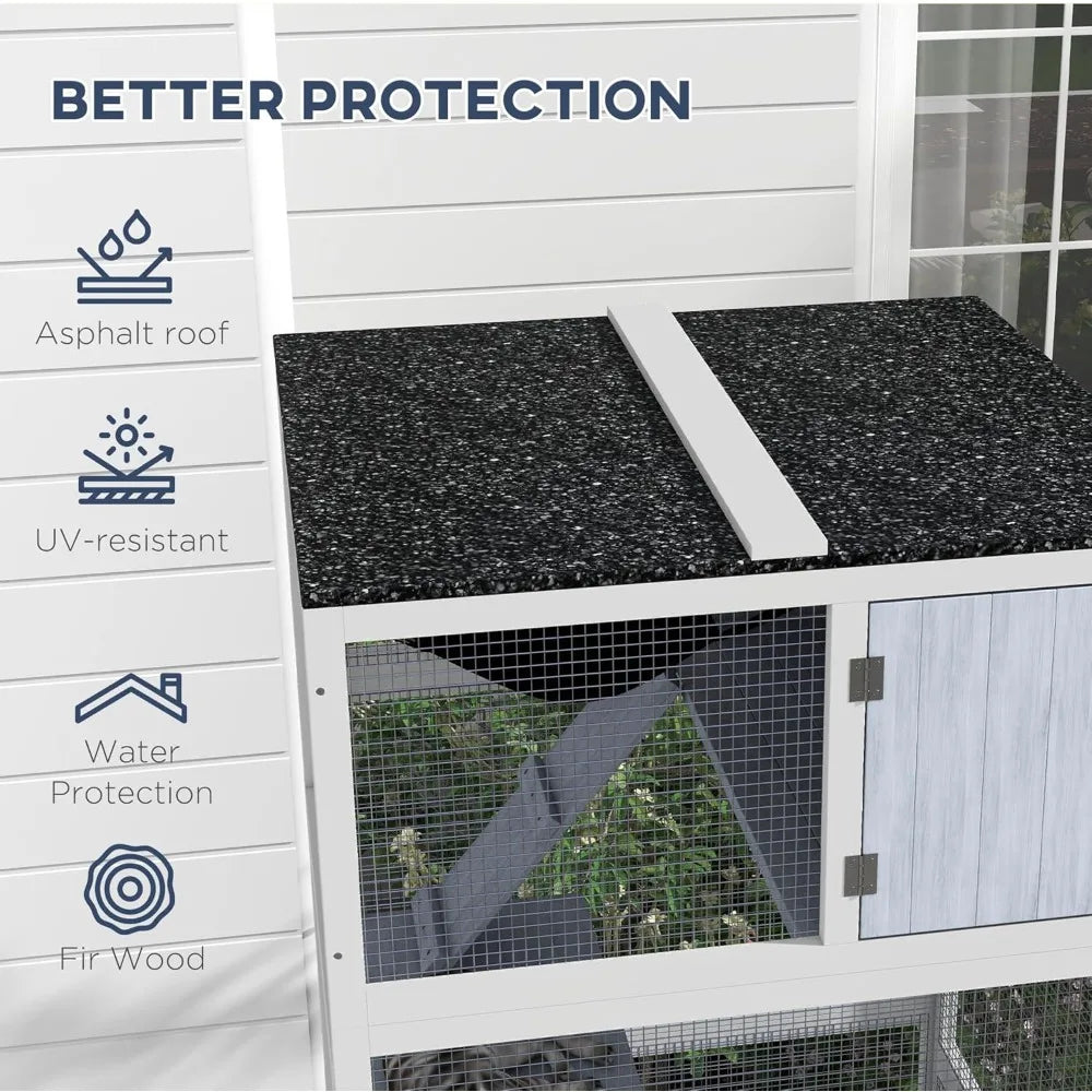 Outdoor Cat Enclosure House, Wooden Feral Cat Shelter on Wheels, Cats Cage with Hammock, Platforms Ramps, Cat House