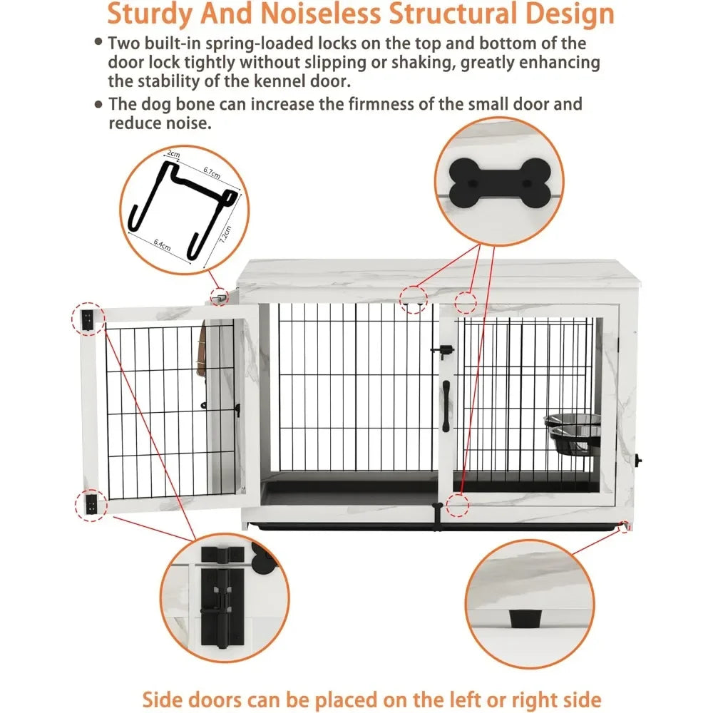 Wooden Dog Crate Furniture with 360°Rotatable Removable Dog Bowls, Dogs Crate End Table with Tray, Double Doors Dogs Kennels