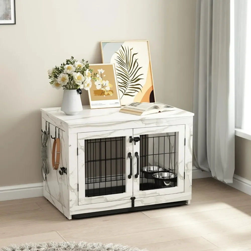 Wooden Dog Crate Furniture with 360°Rotatable Removable Dog Bowls, Dogs Crate End Table with Tray, Double Doors Dogs Kennels
