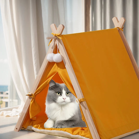 Pet Tent Wooden Frame Portable Pet House Oxford Fabric Wood Cat Dog Tent Washable Portable Removable Dog House with Soft Cushion