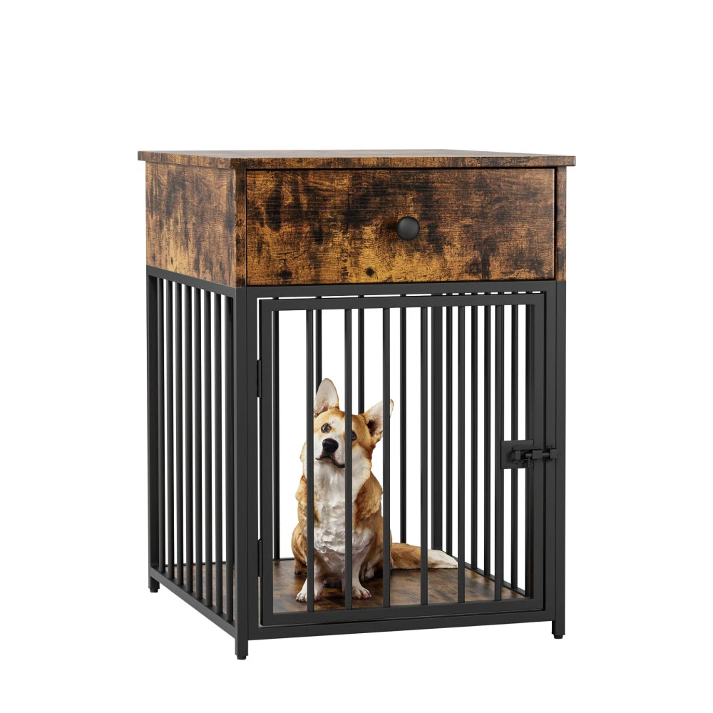 Dog Crate Furniture, Dog House, Decorative Dog Kennel with Drawer, Indoor Pet Crate End Table for Small Dog, Iron-Tube Dog Cage