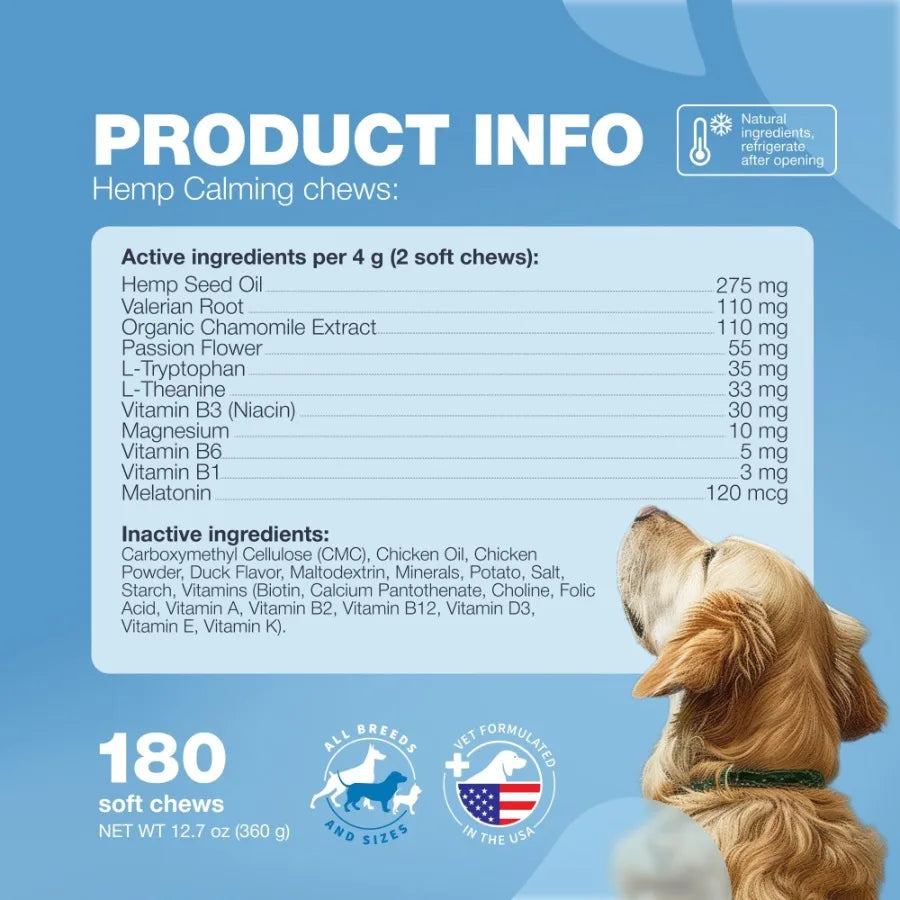 Hemp Calming Chews for Dogs Anxiety Dog Calming Treats with Melatonin Valerian Root Chamomile Extract Vitamin B Complex Canine
