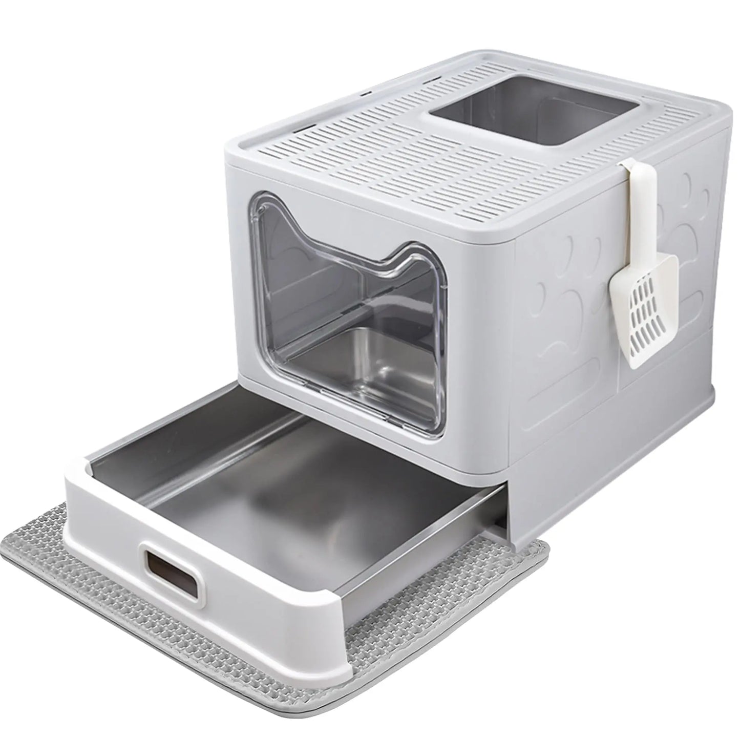 Stainless Steel Enclosed Cat Litter Box with Lid Leak Proof Odorless Top Exit Easy Clean Litter Box for Cats Includes Scoop Mat