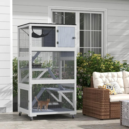 Outdoor Cat Enclosure House, Wooden Feral Cat Shelter on Wheels, Cats Cage with Hammock, Platforms Ramps, Cat House