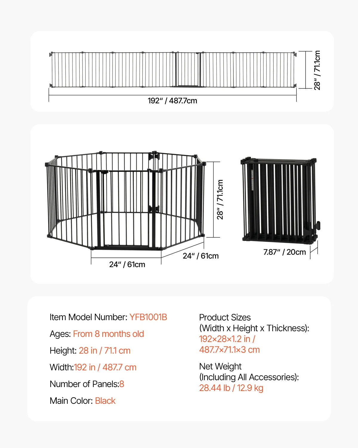 VEVOR Baby Gate 28/30/36 Inches High Dog Gate Easy Step Walk Thru Child Pet Security Pressure Mount Kit Wall Cups Doorways