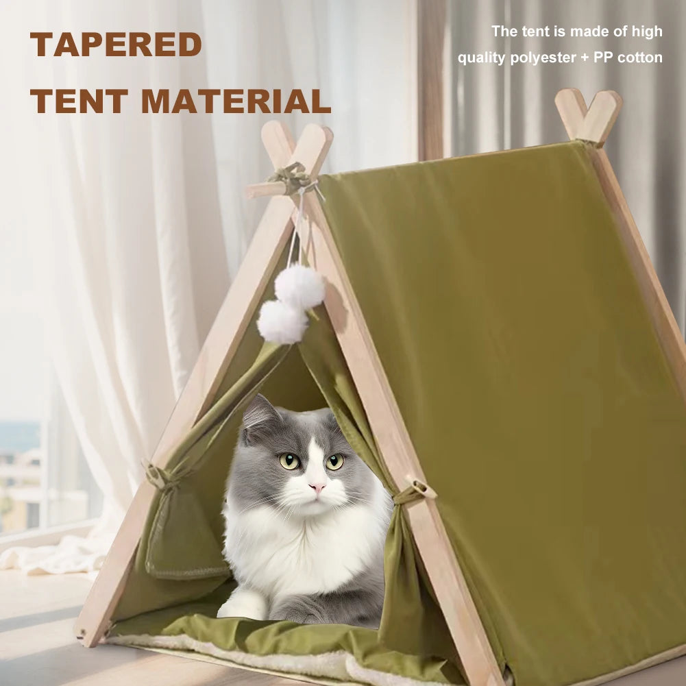 Pet Tent Wooden Frame Portable Pet House Oxford Fabric Wood Cat Dog Tent Washable Portable Removable Dog House with Soft Cushion