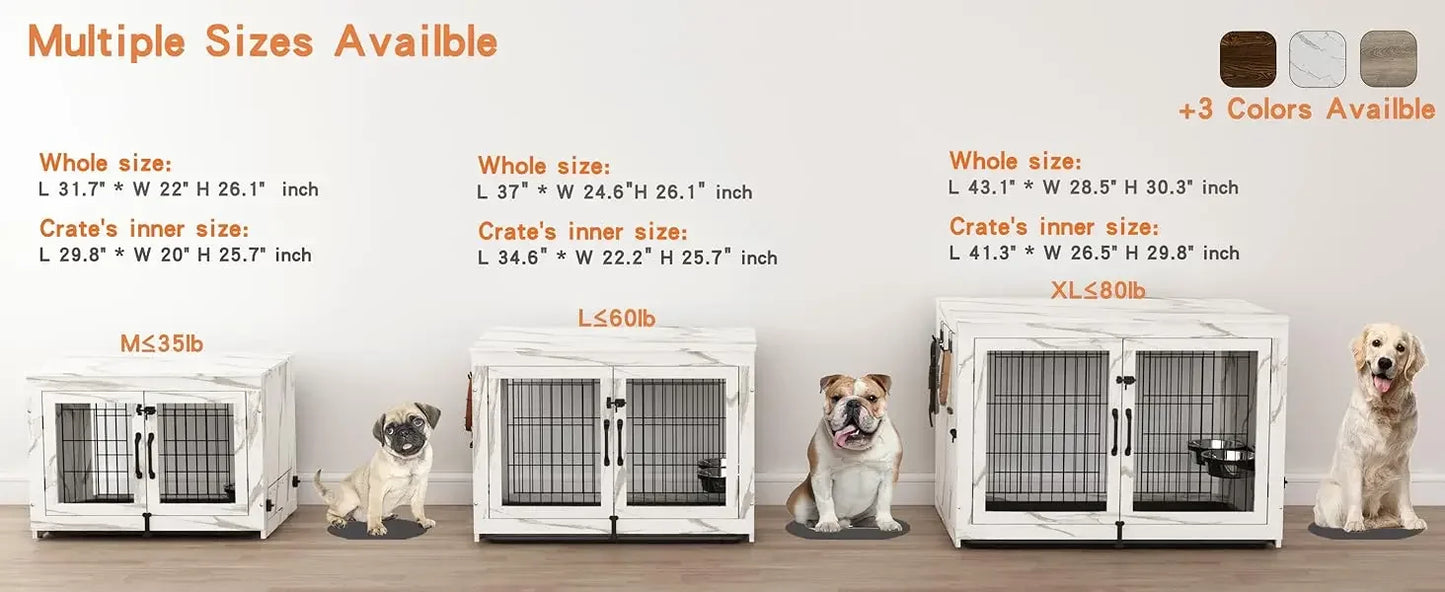 Wooden Dog Crate Furniture with 360°Rotatable Removable Dog Bowls, Dogs Crate End Table with Tray, Double Doors Dogs Kennels