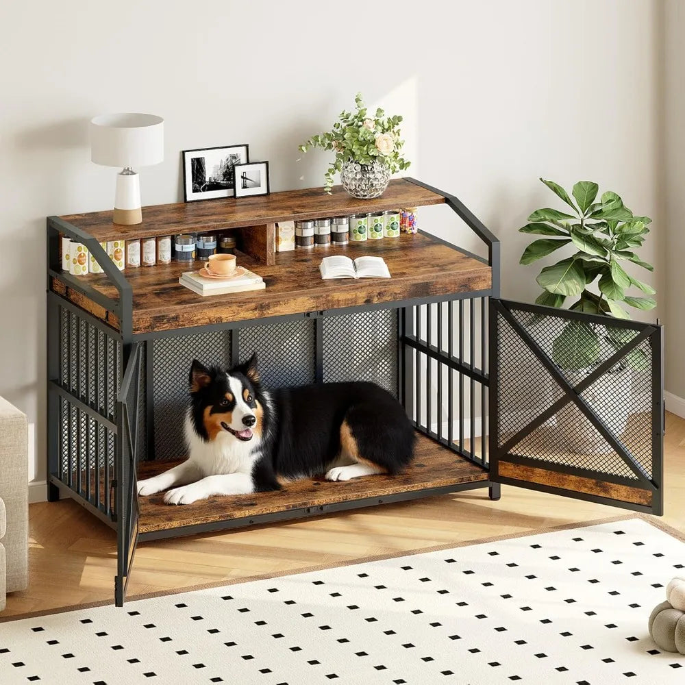 Very / 43.3" Large Dog Crate Furniture, Heavy Duty Dog Kennel Indoor With LED Light, Wooden Decorative Pet House End Table