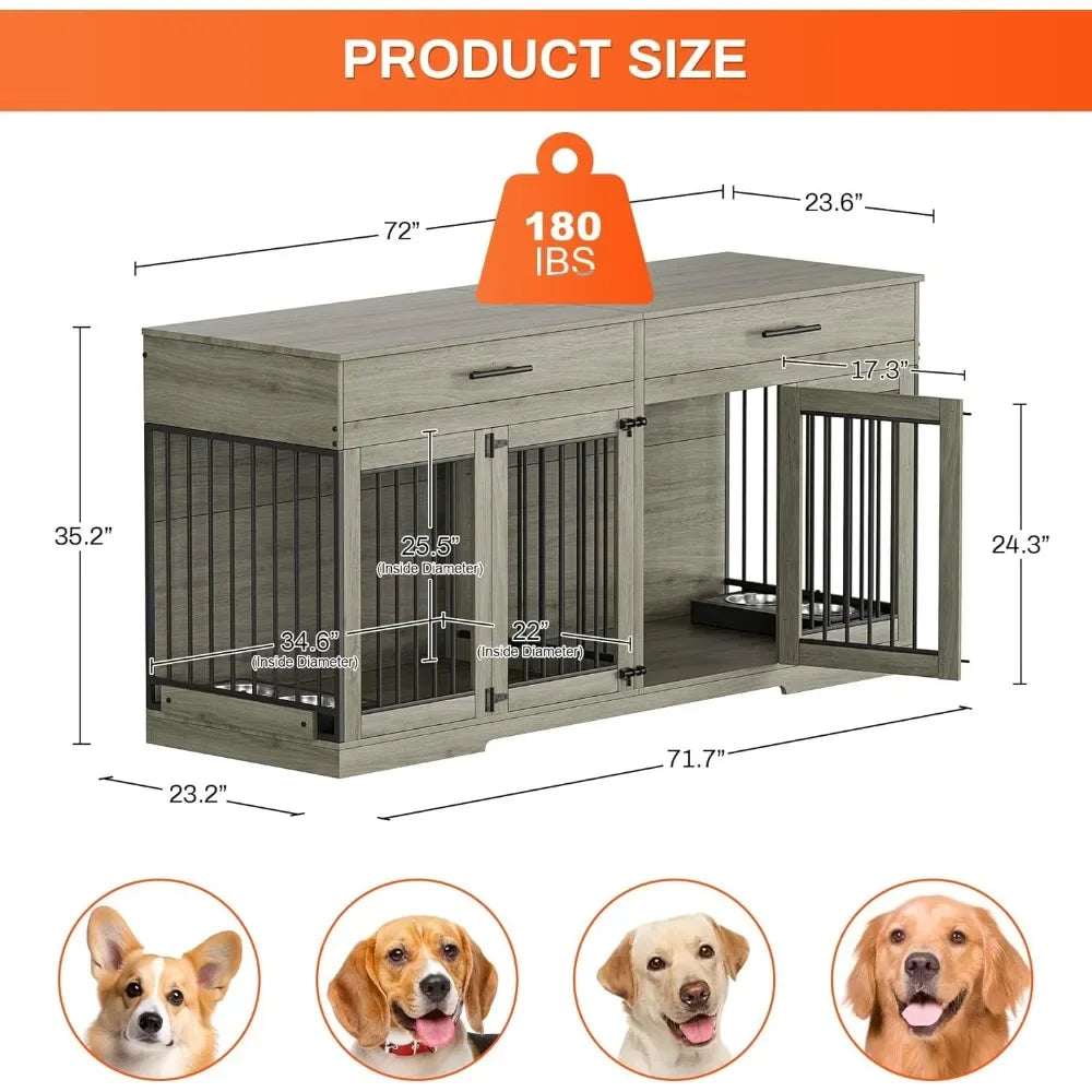 72" Dog Crate Furniture for 2 Dogs, Large Kennel with 2 Storage Drawers & Removable Divider