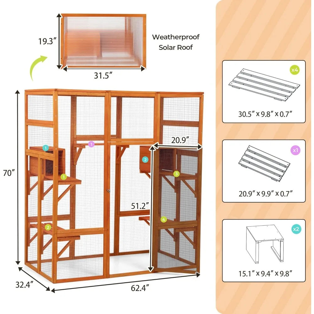 70Inches Large Spacious Wooden Outdoor Catio with Perches and Condos, Cat Catio Enclosures Indoor Kitty Window Kennel