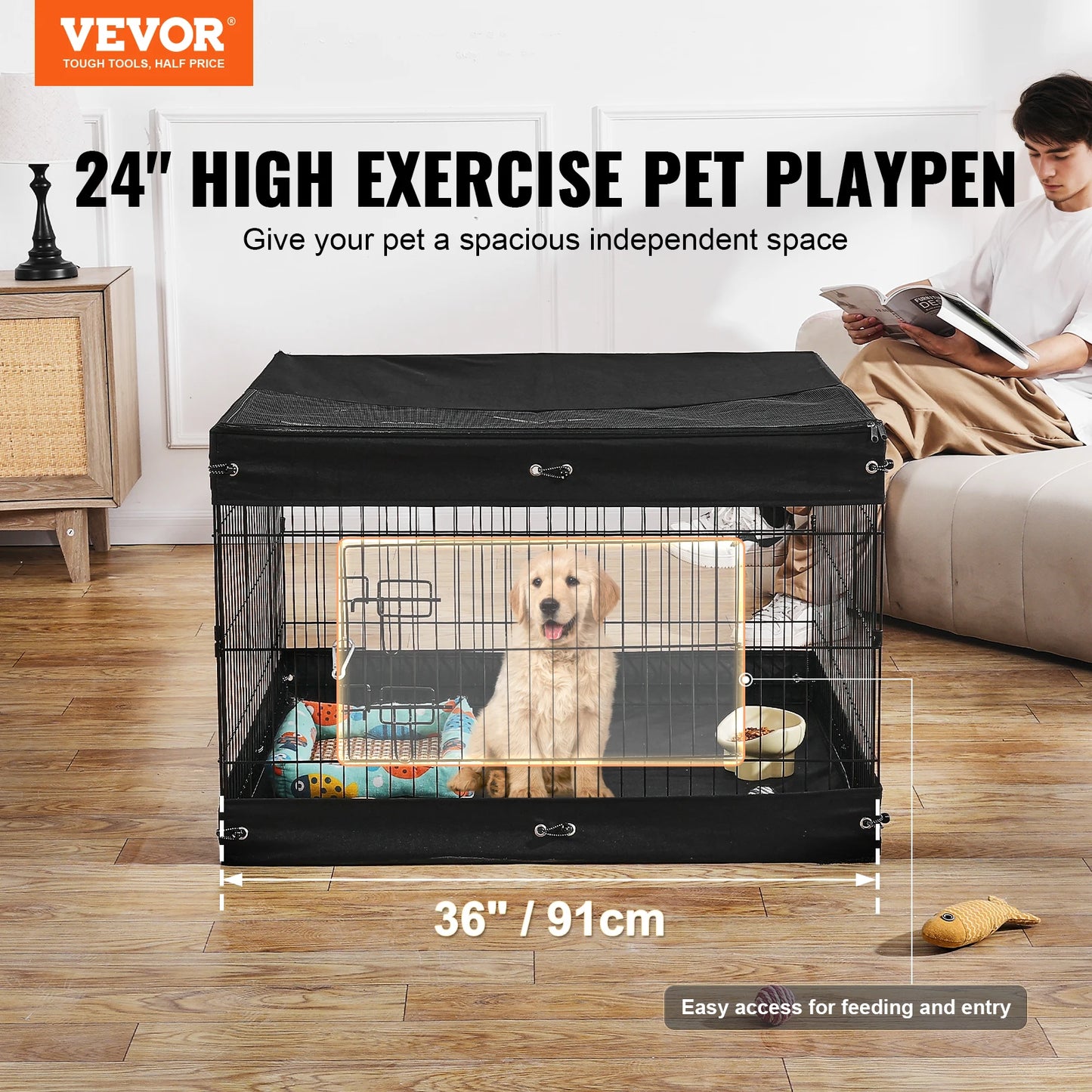 Dog Playpen Panels Foldable Metal Pet Exercise Pen Dog Fence Indoor and Outdoor Pen with Top Cover and Bottom Pad for Dogs